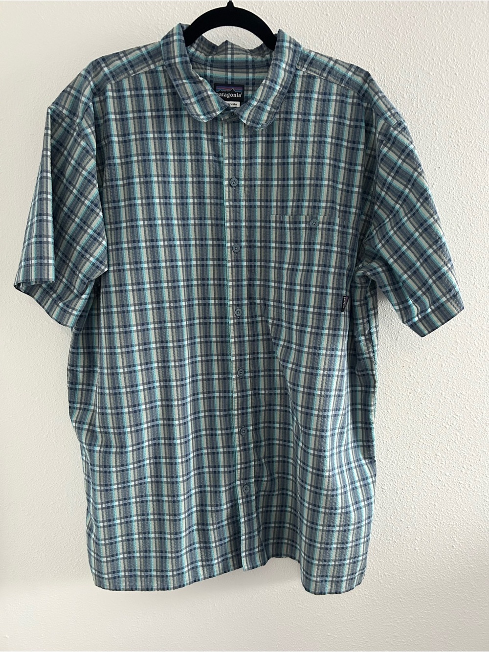 Patagonia Short-Sleeve Plaid Button-Down Shirt in Teal and Blue